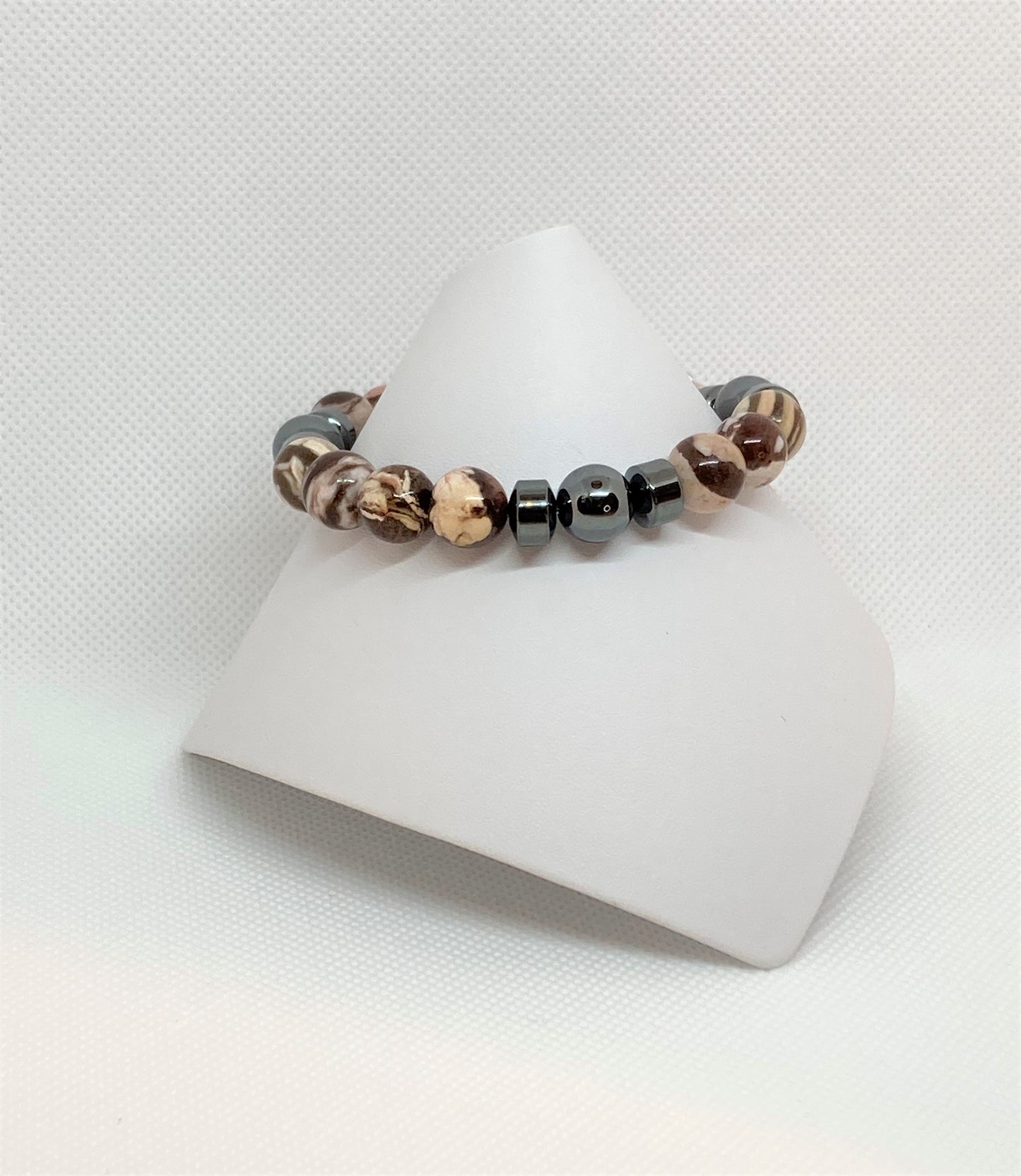 10mm. Natural Zebra Jasper Gemstones, accented with hemalyke stones.