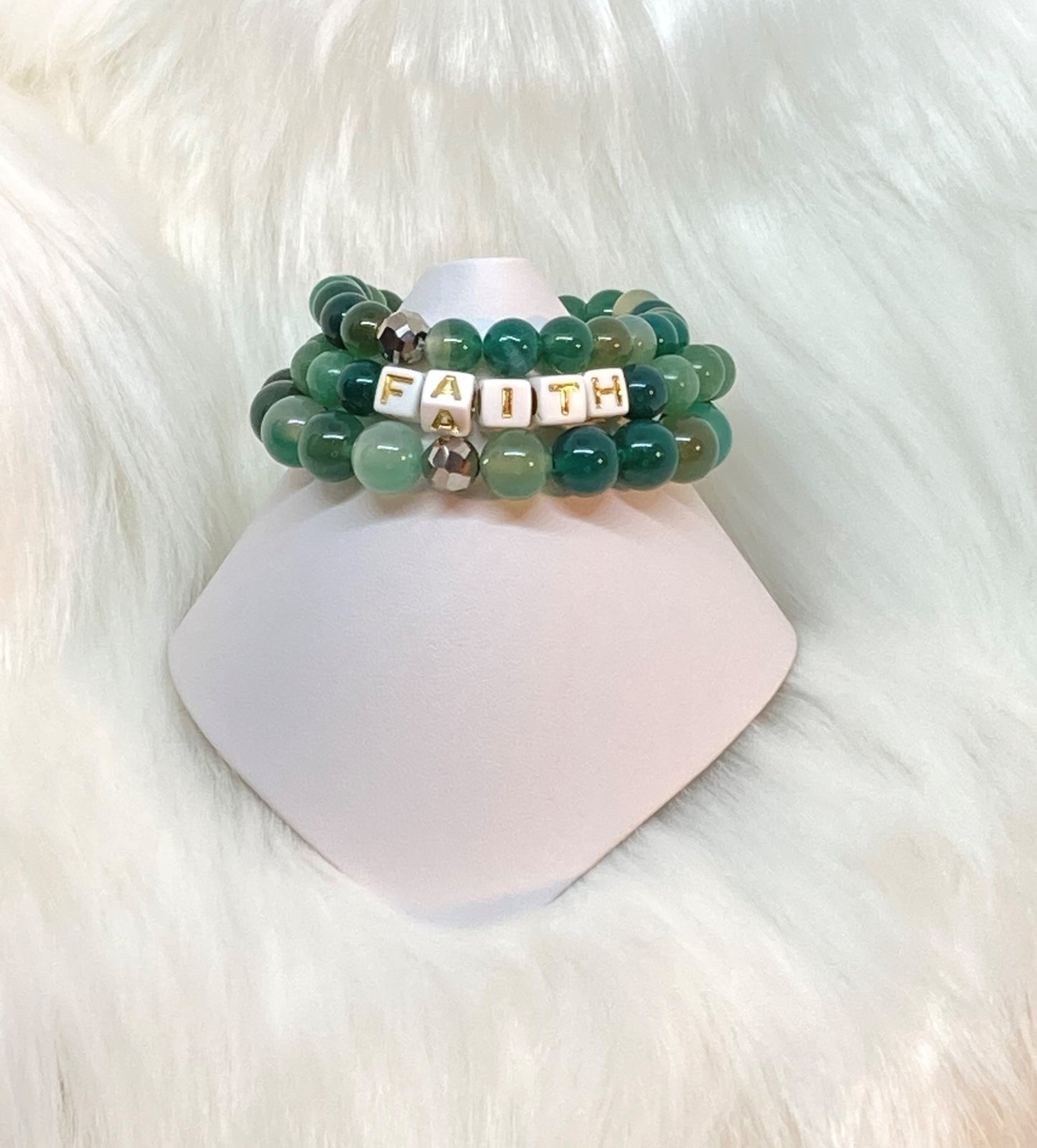10mm/8mm. Natural Green Agate and Aventurine Gemstones combined in a 3 stack bracelet to make for dark, minty, and translucent greens.