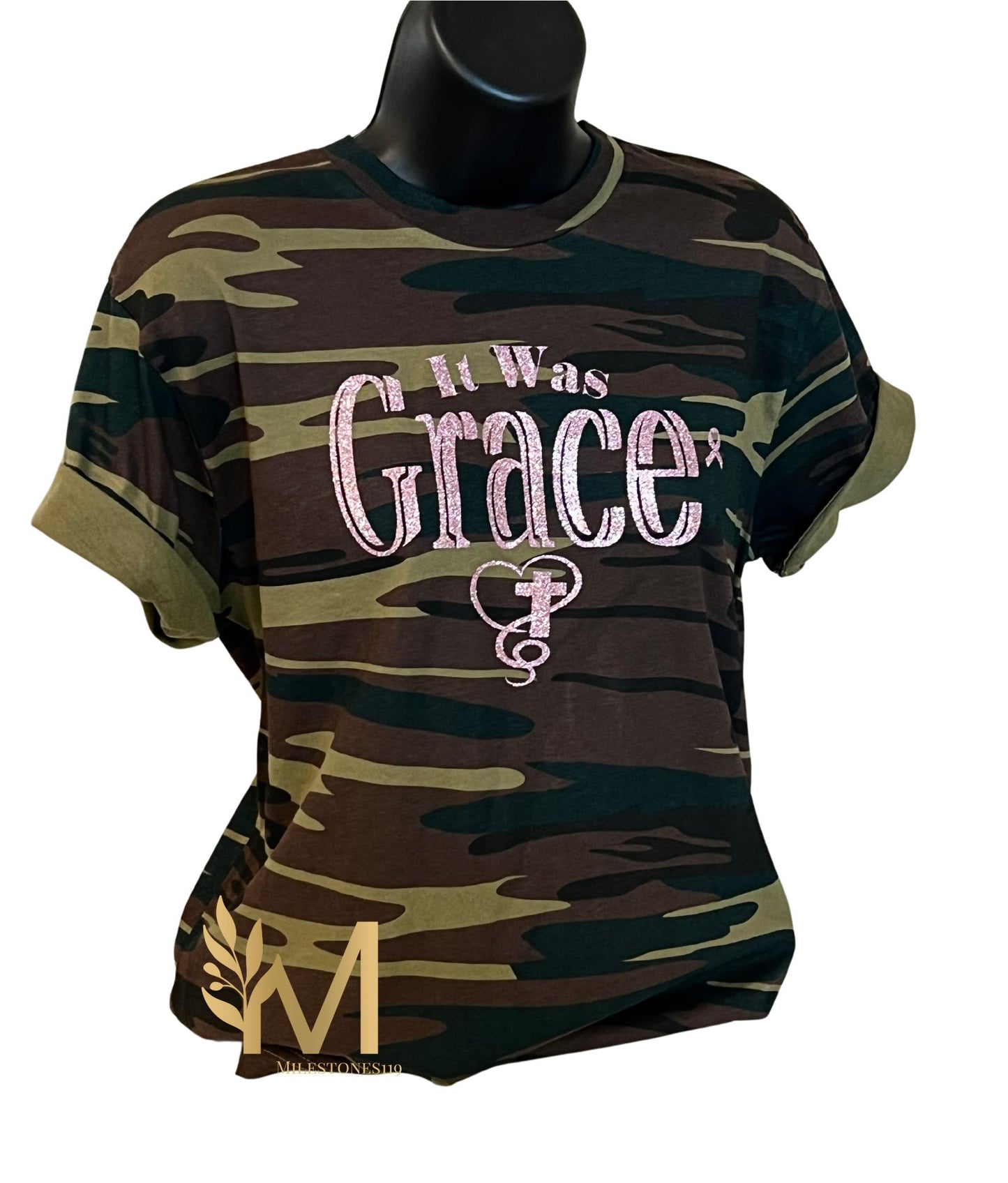 It Was Grace Breast Cancer Awareness Edition Tee- Green Camo