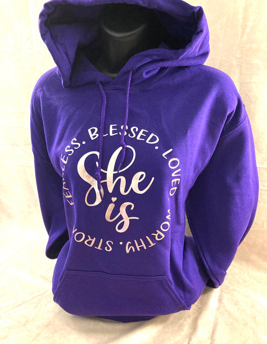 Purple “She Is” Hoodie