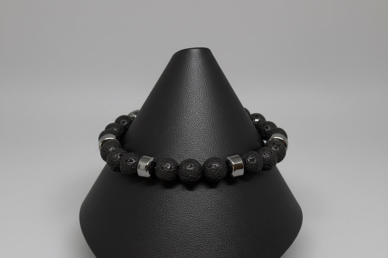 Men Lava and Hemalyke Bracelet. Black natural lava calming rock stone beads paired with hemalyke stones. 