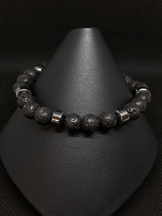 Men Lava and Hemalyke Bracelet. Black natural lava calming rock stone beads paired with hemalyke stones. 