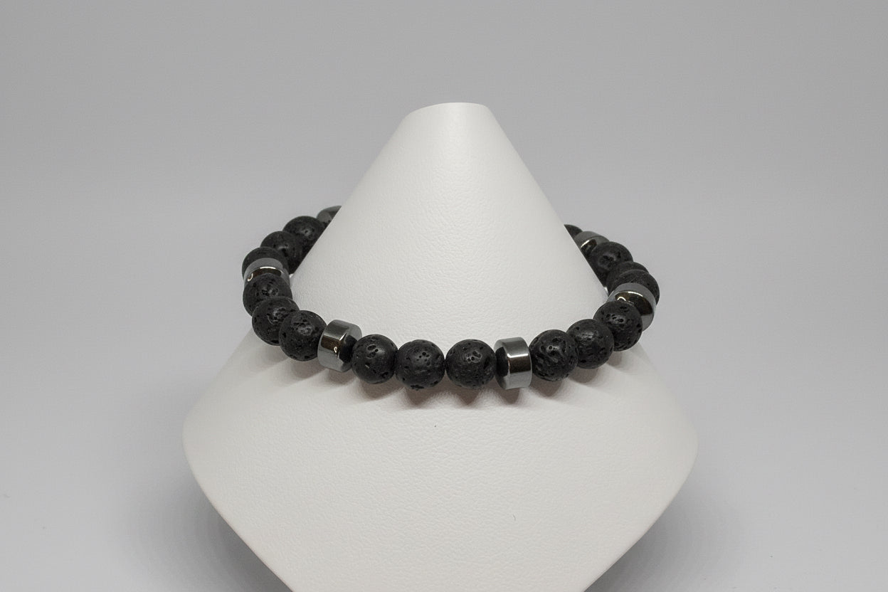 Men Lava and Hemalyke Bracelet. Black natural lava calming rock stone beads paired with hemalyke stones. 