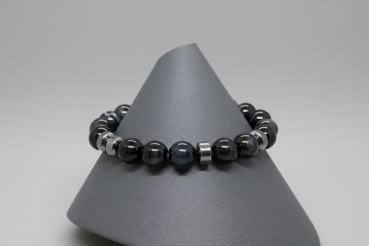 10mm Natural, Genuine Black Agate Stones with Accented Hemalyke. Black Agate gemstones have natural banding occurrence of warm and clear tones throughout the surface of the stones. 