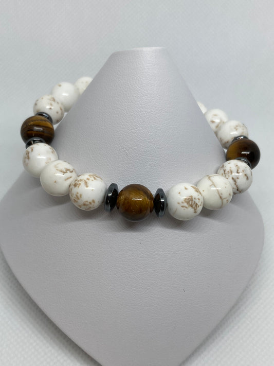 10mm Natural Magnesite Stones accented with Genuine Tiger Eye Stones and Hemalyke spacers.