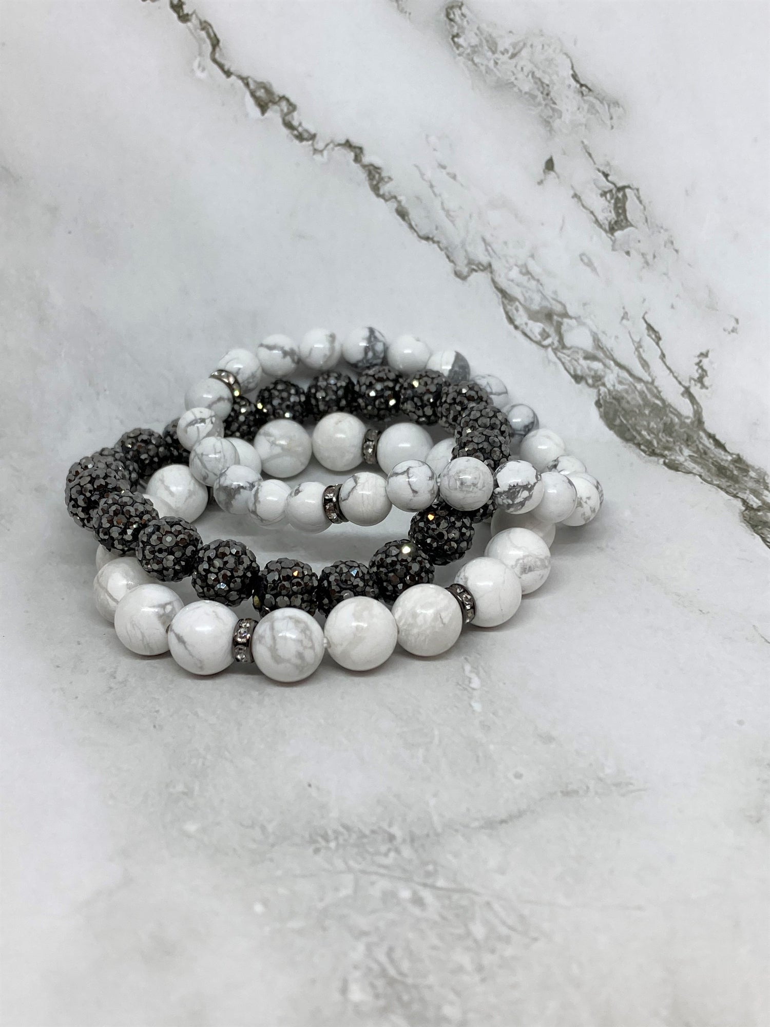 Glossy Howlite Bracelet 10mm/8mm. Natural Howlite Gemstones. 3-stack bracelet. Natural howlite has a snow color with grey veining throughout. 