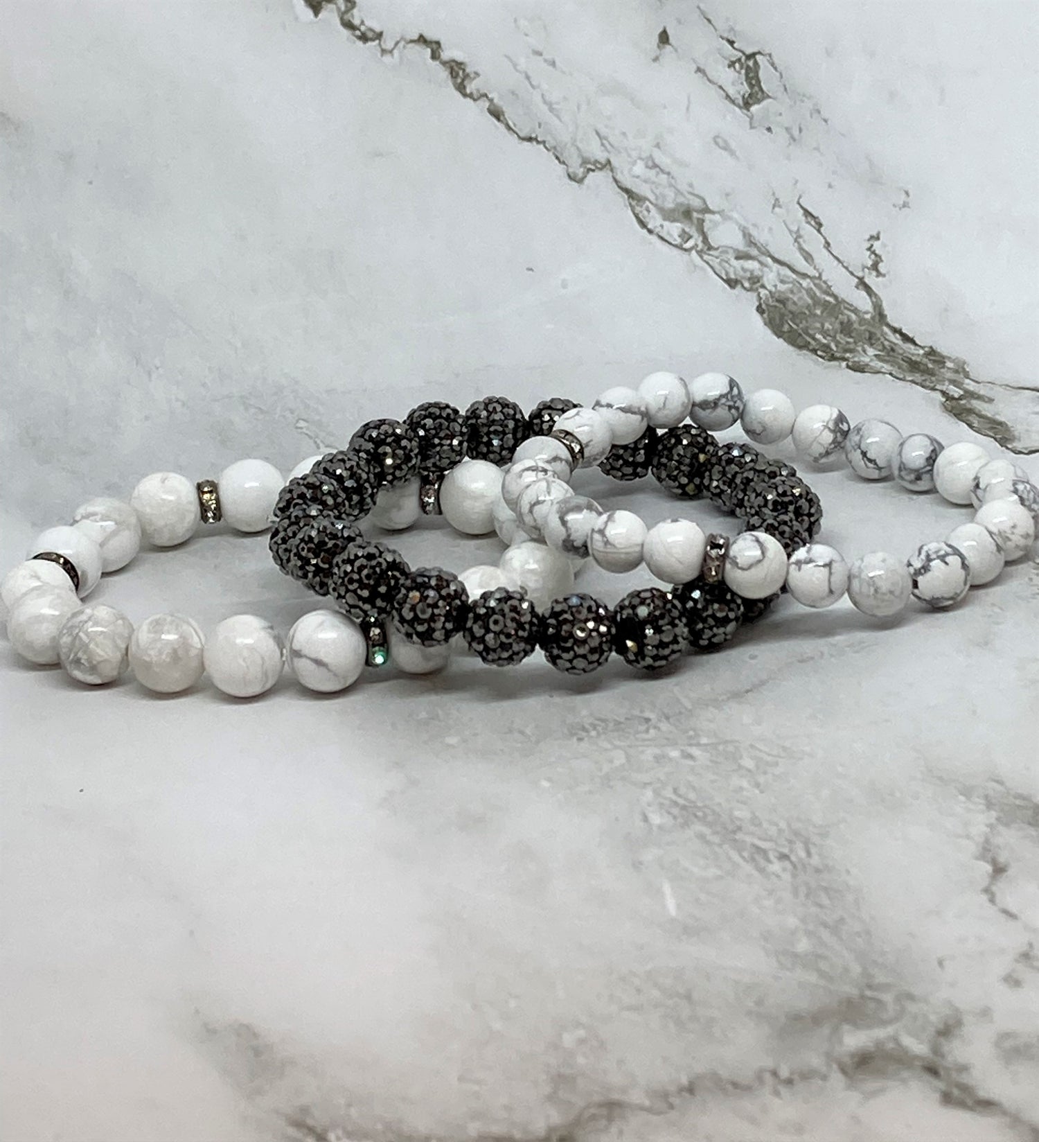 Glossy Howlite Bracelet 10mm/8mm. Natural Howlite Gemstones. 3-stack bracelet. Natural howlite has a snow color with grey veining throughout. 