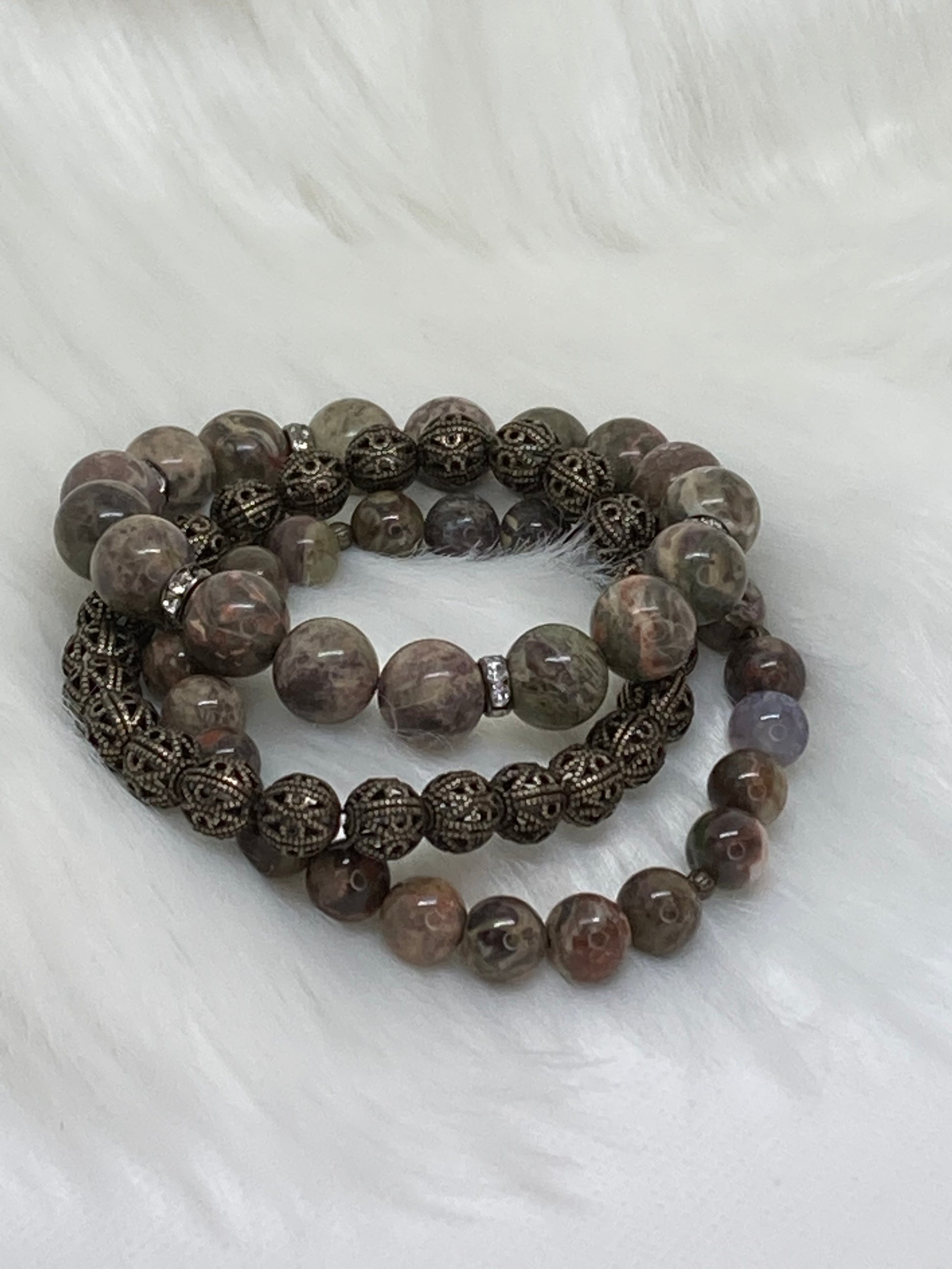 10mm/8mm Rainbow Rhyolite Gemstones. 3-stack bracelet