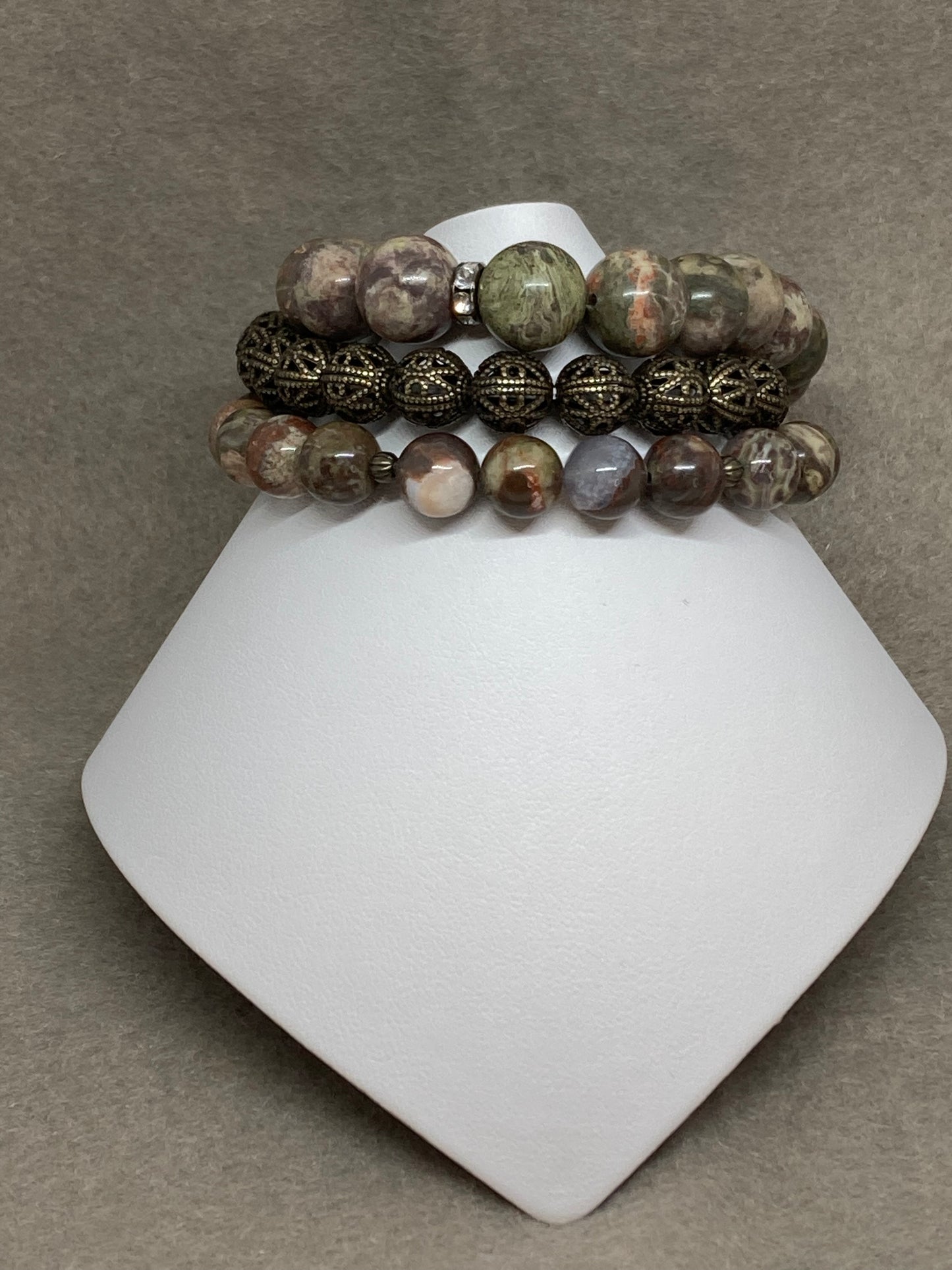 10mm/8mm Rainbow Rhyolite Gemstones. 3-stack bracelet