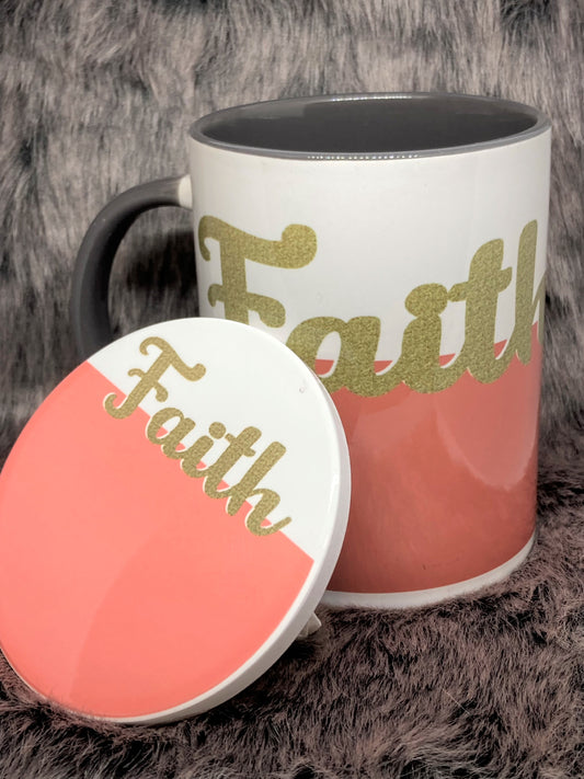 “Faith” Coffee/Tea Mug and Coaster Set Hand Designed, Ceramic Mug 