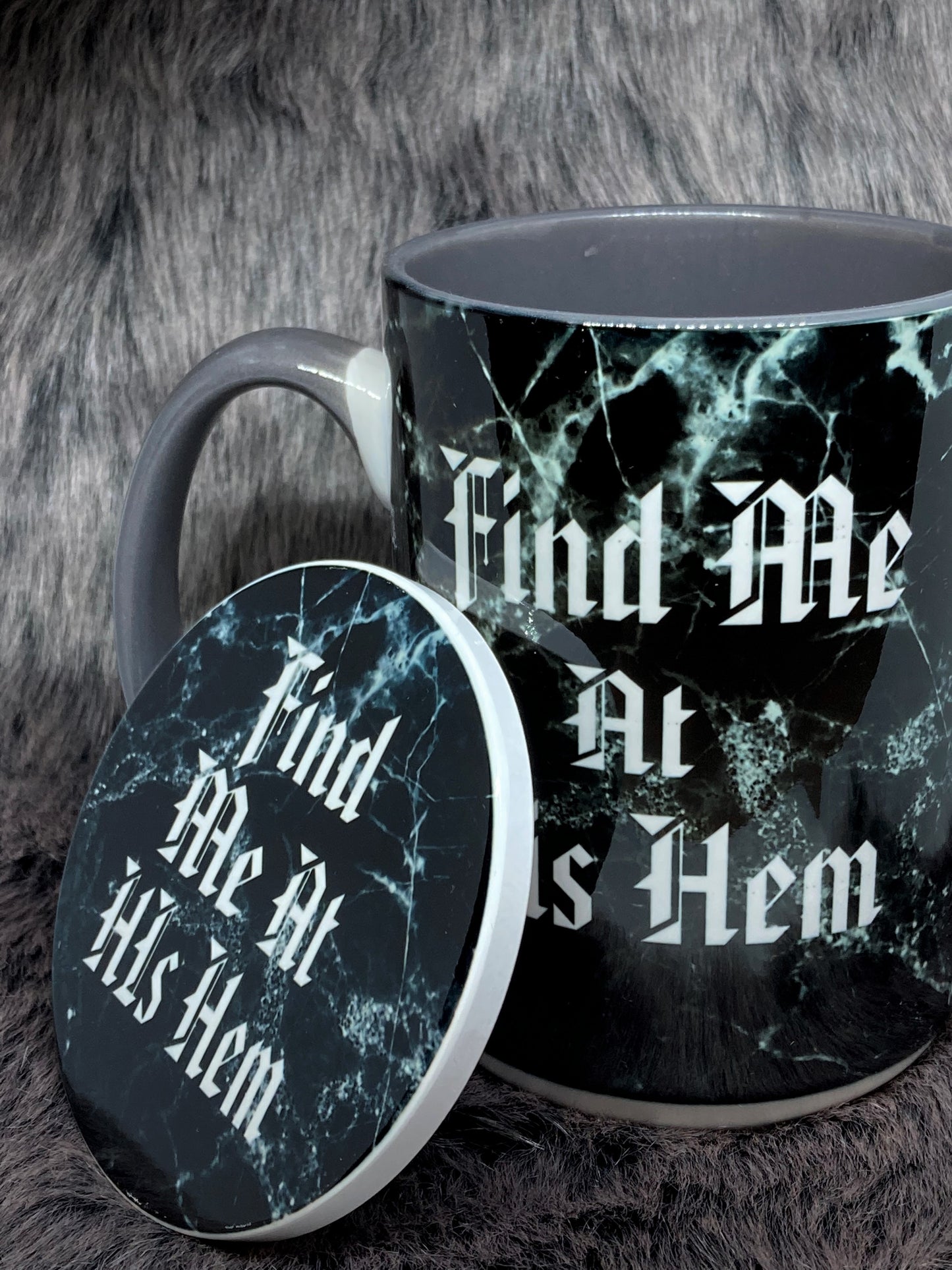 Mug & Coaster Set "Find Me at His Hem"