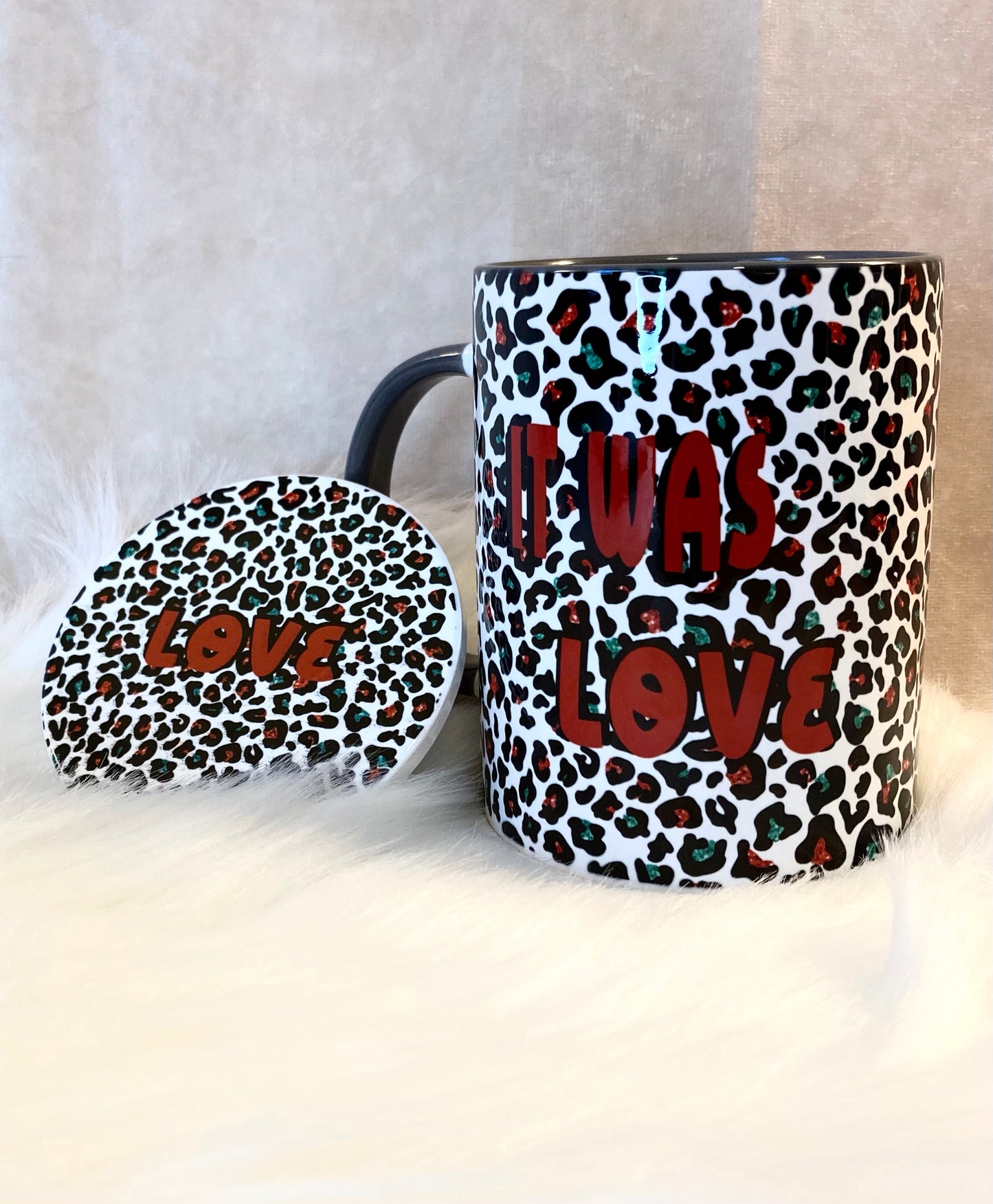 “It Was Love” Christmas Animal Print Mug and Coaster Set